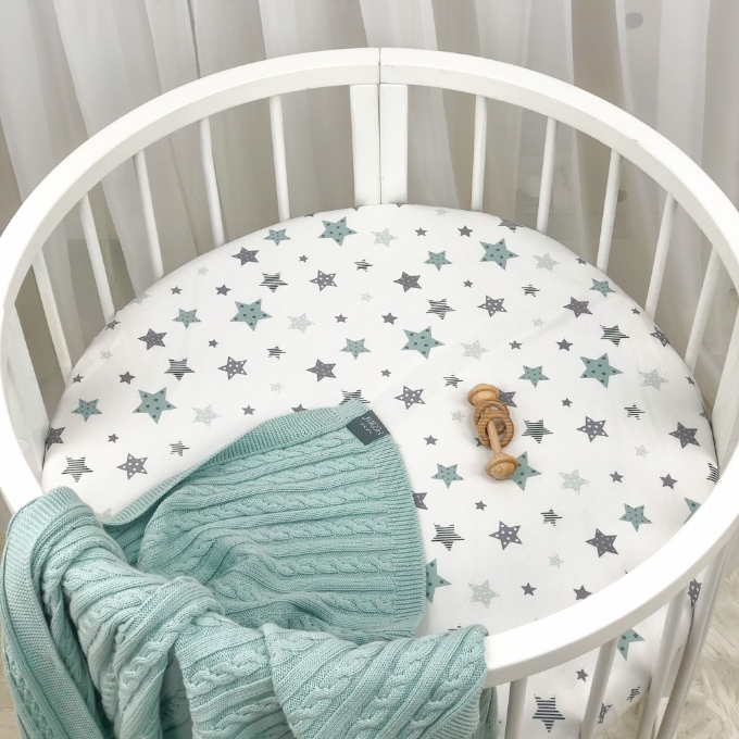 Husa saltea rotunda patut bebe copii cu elastic, Stelute menta (2)
